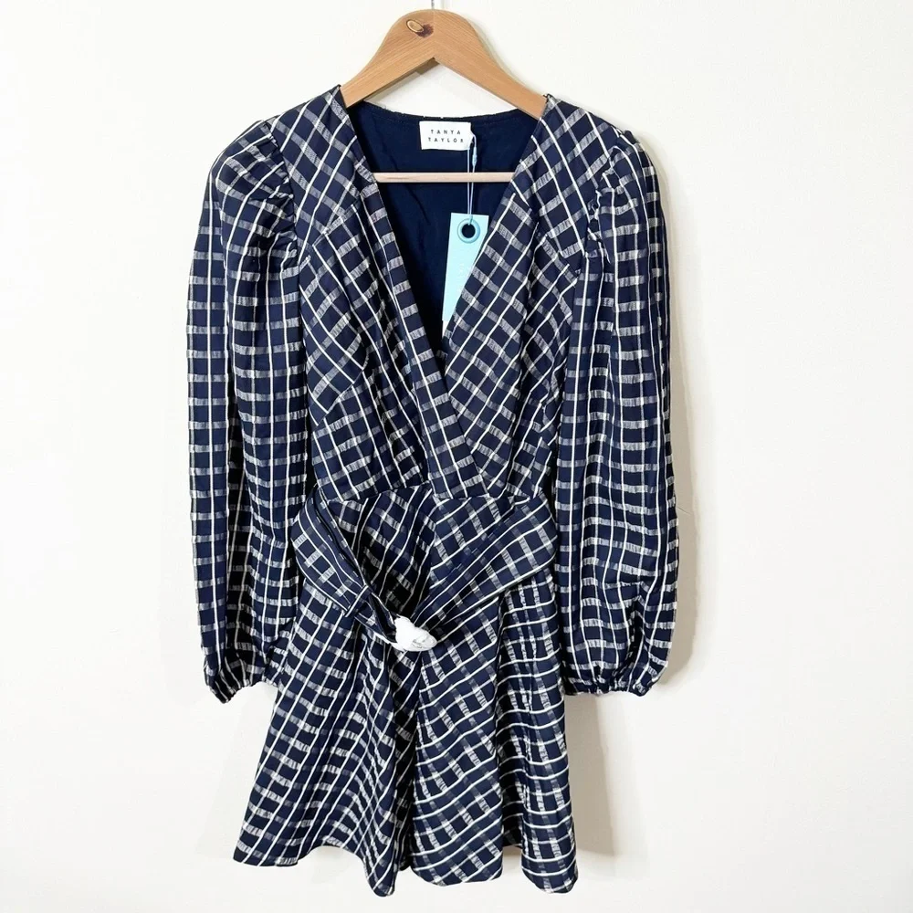 Tanya Taylor Navy Check Belted Puff Sleeves Nicola Dress Size 2 US NWT - Picture 2 of 8